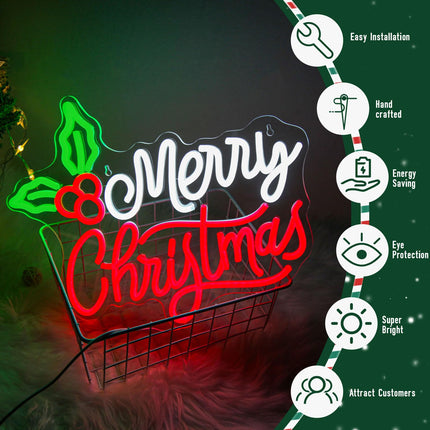 Merry Christmas Neon Signs，Dimmable Christmas LED Light Sign XMAS Holly Berries Neon Light For Holiday Party Home Bar Festival Wall Decor USB Powered
