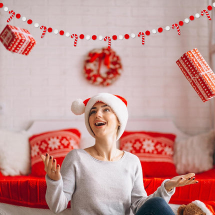 AnyDesign 8.2Ft Christmas Felt Candy Cane Garland Cute Red White Decorative Pom Pom Ball Banner Christmas Hanging Bunting Garland for Xmas Holiday Home Mantel Wall Decor Party Supplies