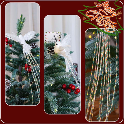 2 Pack Christmas Tree Ornaments Set White Silver Artificial Glitter Birds for Xmas Tree Garland Wreath Decoration for Home Holiday Wedding Party Decor 16.5 inch Bird Long Tail