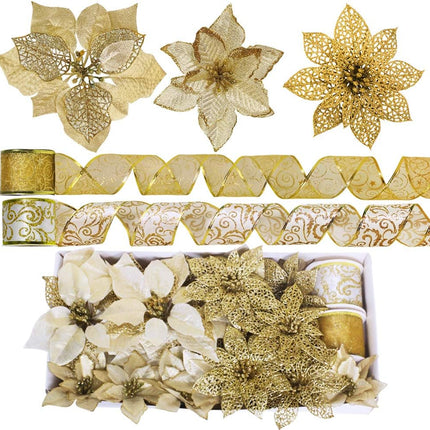 Winlyn 26 Set 3 Style Christmas Gold Glitter Poinsettia Flowers Picks Xmas Tree Ornaments and 12 Yards Decorative Gold Glittered Wired Ribbon for Gold Christmas Tree Wreaths Garland Holiday Décor