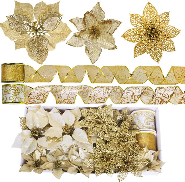 Winlyn 26 Set 3 Style Christmas Gold Glitter Poinsettia Flowers Picks Xmas Tree Ornaments and 12 Yards Decorative Gold Glittered Wired Ribbon for Gold Christmas Tree Wreaths Garland Holiday Décor
