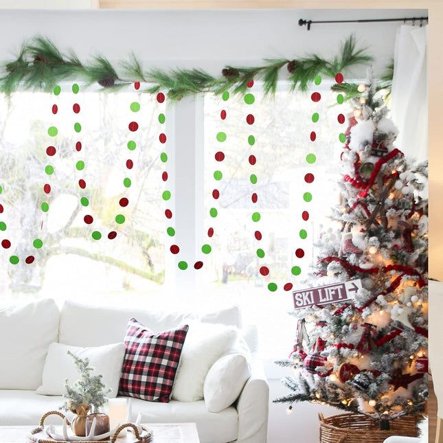 Red Green Christmas Streamers Decorations, UNIIDECO Xmas Tree Ornaments Accessories, Circle Dots Paper Garland, Fiesta Birthday Loteria Party Banner Streamer Background Supplies Chriatmas Decor