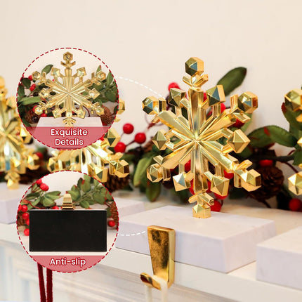 Snowflake Christmas Stocking Holders Set of 4 Gold, Xmas Stocking Holders for Mantle, Mantel Fireplace Topper Stand Hooks, Stockings Hangers