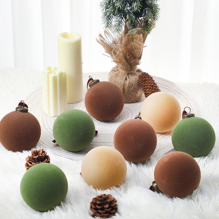 Liliful 15 Pcs Velvet Christmas Balls Bulk Flocked Christmas Tree Ball Ornaments Plastic Balls Xmas Decorative Hanging Ornaments Christmas Tree Decoration (Brown, Green, Beige,3.15 Inch)