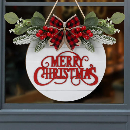 CHDITB Cute Merry Christmas Wooden Front Door Wreath(11.4”x11.4”), Farmhouse 3D Christmas Decor Hanging Sign with Red Plaid Bow Berries Mistletoe, Housewarming for Xmas Winter Holiday Year