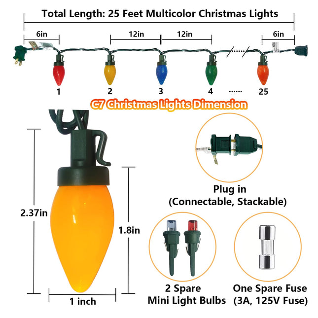 25Ft Christmas Lights Outdoor, C7 LED Christmas Lights with 25 Shatterproof Colored Light Bulbs, Plug in Waterproof Vintage Christmas Lights for Patio Camping Garden Wedding Christmas Outdoor Decor