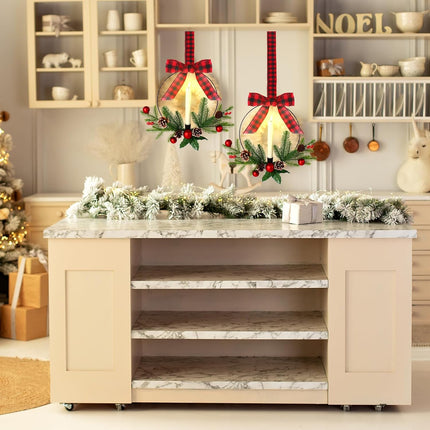 Lighted Christmas Kitchen Cabinet Wreath with Ribbon Bow Xmas Wreath LED Lights Farmhouse Artificial Cabinet Hanging Artificial Wreath Christmas Decorations for Door Wall Christmas Party