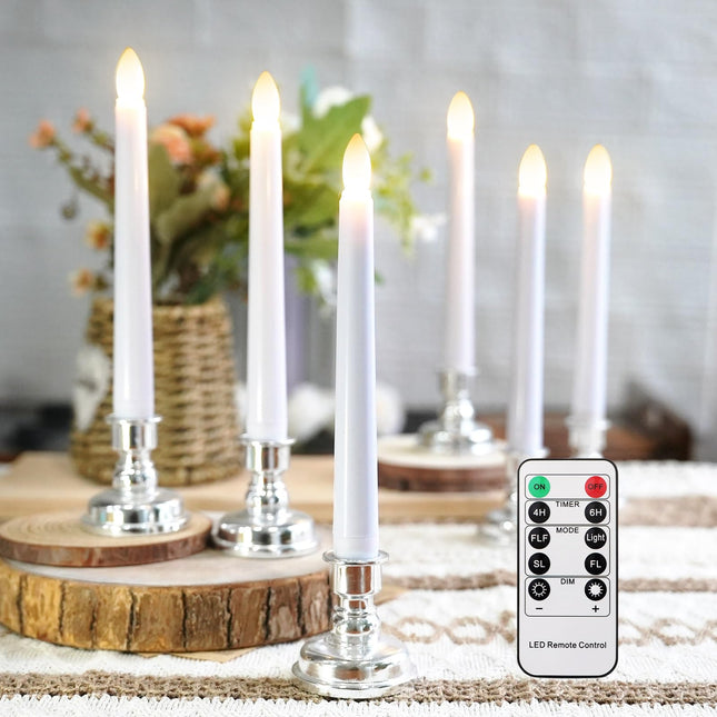 7.9'' Battery Operated Windows Candles with Remote Timers, 6 pcs Flickering Flameless Christmas Taper Candles, Led Bright Warm Lights for Holiday Home Party Thanksgiving Décor