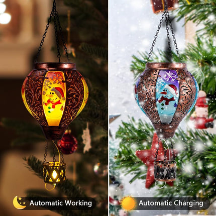 DREAMSOUL Christmas Hot Air Balloon Solar Lantern, Solar Snowman Decorative Solar Lantern with Candle Holder, Hanging Christmas Lantern with Flickering Flame for Garden Patio Snowman Decor