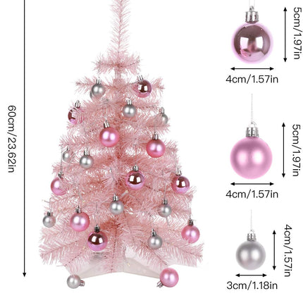 Mini Pink Christmas Tree 24 Inch/2 FT Tabletop Artificial Xmas Tree Small Christmas Tree with LED Lights and Balls Ornaments for Desktop Xmas Decor Home Office Party