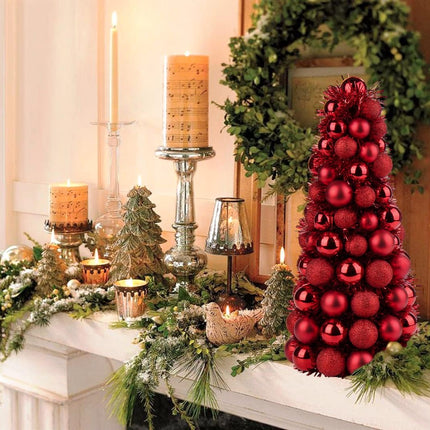 16" Small Tabletop Christmas Tree, Mini Xmas Tree with 94 Shatterproof Christmas Ornaments Balls for Christmas Decor Holiday Party Wedding Centerpiece -Red