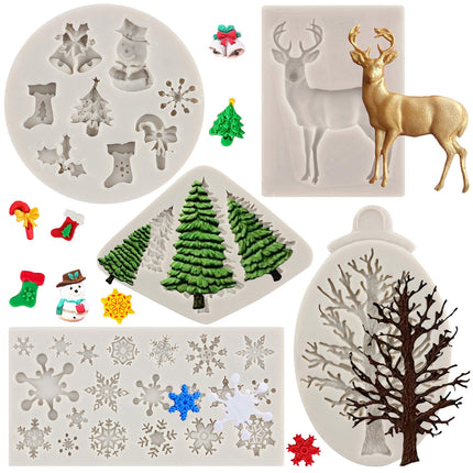 Christmas Silicone Molds Snowflake Molds Mini Xmas Fondant Chocolate Candy Molds Christmas Snowman Tree Snowflake Deer Baking Molds For Cake Decoration Topper Polymer Clay Gum Paste Set Of 5