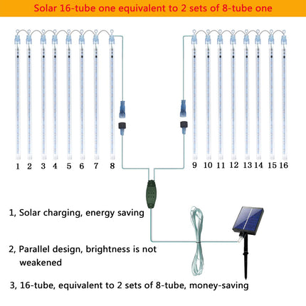 Kwaiffeo Solar Christmas Lights Outdoor, 16 Tubes(Equivalent to 2 Sets of 8-Tube) Solar Powered Meteor Shower Lights Snow Falling Icicle Lights for Xmas Tree Halloween Decoration Wedding Party, White