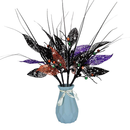 Halloween Flower Branches 16" Glitter Leaves Picks Artificial Berries Stems Fall Sprays Fake Twigs for Halloween Haunted House Gothic Tree Topper Vase Fillers Home Party Decor, Pack of 4 (Berries)