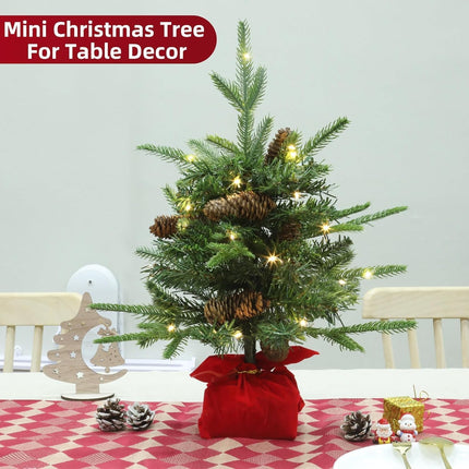 Tabletop Christmas Tree with Lights, Realistic-Feel Norfolk Pine 18 Inch Artificial Small Christmas Trees Timer 20 LED Lights Large Pine Cones, Mini Xmas Tree for Christmas Indoor Holiday Home Decor