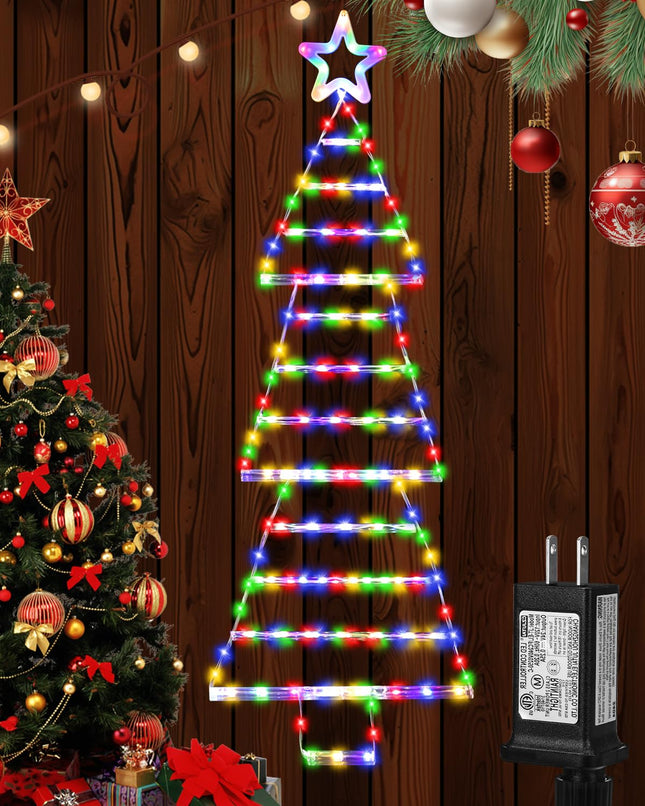 Christmas Decorations, Christmas Lights, 184 LED Lighted Santa Ladder with Star Topper, 4.6ft Christmas Tree Hanging Ornament with 8 Light Modes for Doors, Walls and Windows - Multicolored