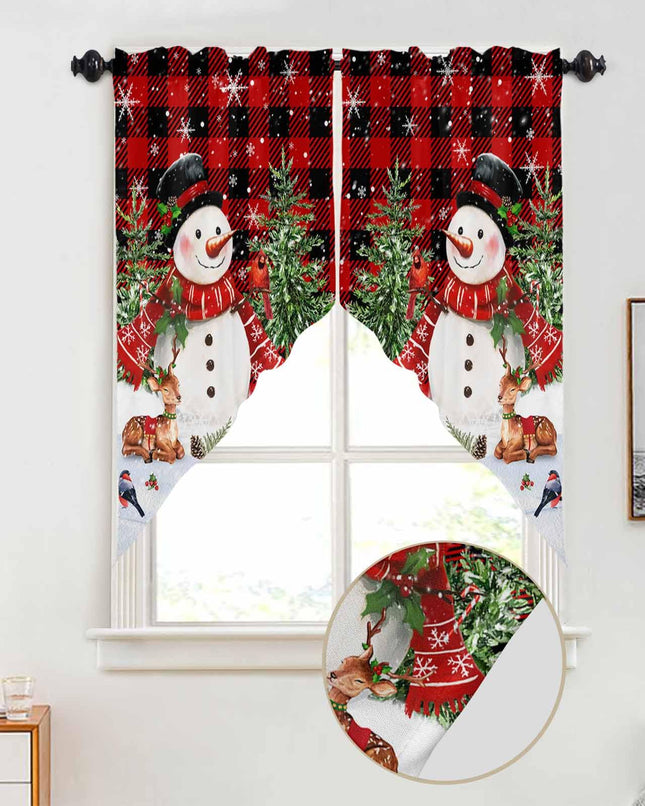 Red Plaid Snowman Christmas Swag Curtains for Living Room/Bedroom, Elk Tree Snowflake Xmas Swag Kitchen Curtain Valances for Windows, Tier Topper Scalloped Curtain 2 Panels, 72" W x 36" L