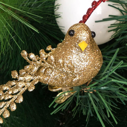 6 Pcs Christmas Artificial Gold Bird, Clip-On Bird Ornament Shiny Wreath Flower Arrangement Supplies for DIY Craft Xmas Tree Topper Party Decor, 6" Golden