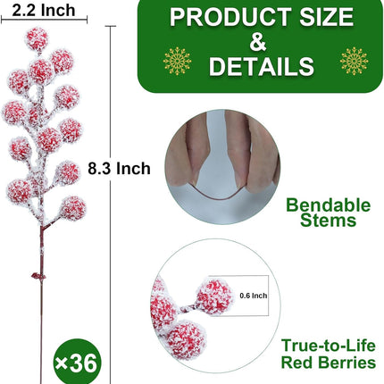 36 Pack Frosted Red Berries Stems Snowy Waterproof Holly Berry Christmas Picks Sprays Artificial Flower for Christmas Tree Decorations Wreath DIYs Crafts Vase Wedding Xmas Ornament Home Decor