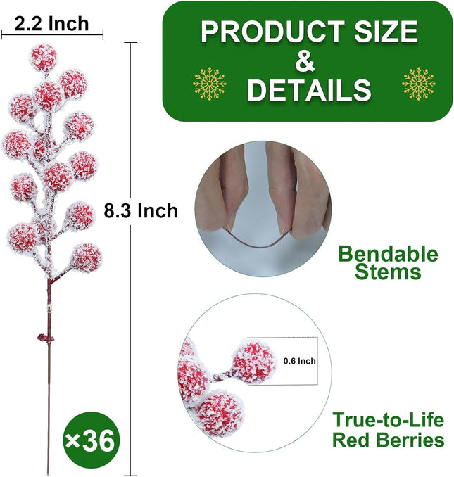 36 Pack Frosted Red Berries Stems Snowy Waterproof Holly Berry Christmas Picks Sprays Artificial Flower for Christmas Tree Decorations Wreath DIYs Crafts Vase Wedding Xmas Ornament Home Decor