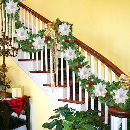 Poinsettia Christmas Decorations Flowers - 12Pcs Artificial Red Gold Poinsettia Christmas Tree Ornaments Glittery for Xmas Year Wedding Party Wreath DIY Garland Decor (White)