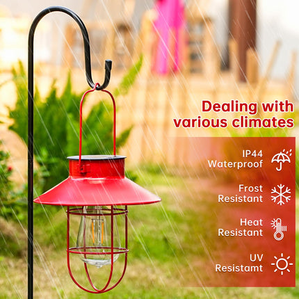 2 Pack Solar Lights Lantern Lamp with Shepherd Hook, Christmas Outdoor Decor, Solar Lantern,Metal Waterproof Edison Bulb Lights , Outdoor Garden Decorations Lights for Yard and Pathway (Red)