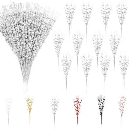 12 Pack Silver Christmas Tree Decorations, 16" Glitter Berry Stems Ornaments, Christmas Picks Sticks for Christmas Tree Topper Filler Vase DIY Home Decor