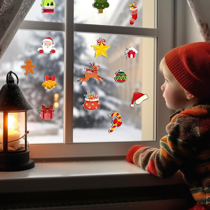 Christmas Window Clings, Christmas Window Stickers for Glass, Reusable Removable Waterproof Xmas Gel Window Clings with Santa Claus, Christmas Stockings, Snowman, Reindeer, Santa Hat, Tree