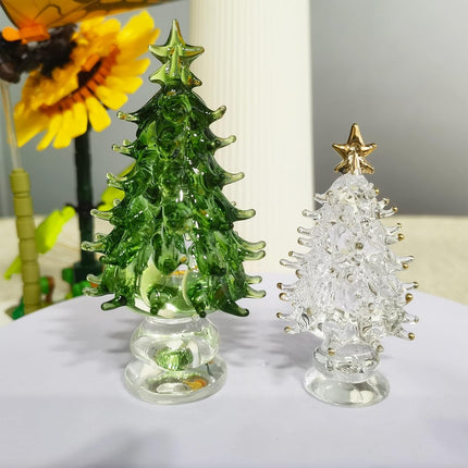 Crystal Christmas Tree Figurines with LED Light Wire, Glass Christmas Tree Figurine Home Decor, 2PCS Christmas Tree Statues Decor for Bedroom (Green+White)