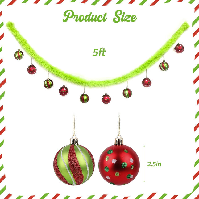 Grinchmas Christmas Garland Decorations Indoor Outdoor: Cute Colorful Plush Strips with Elf Balls Christmas Garland Decor, Green Fluffy String Ornaments Xmas Banner for Home Wall Mantel Fireplace Tree