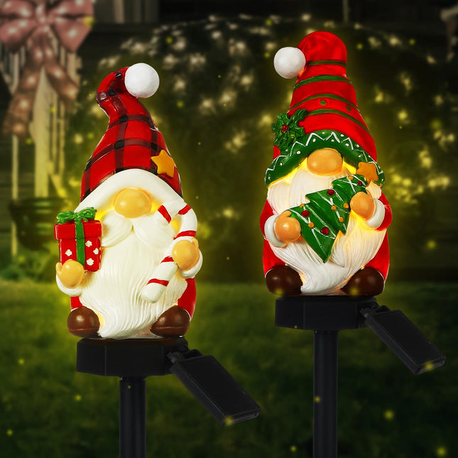 2 Pack Christmas Gnome Solar Light Waterproof Gnome Garden Stakes for Outside Xmas Gnome Statue LED Solar Light for Winter Home Patio Yard Lawn Pathway Walkway Xmas Outdoor Decoration