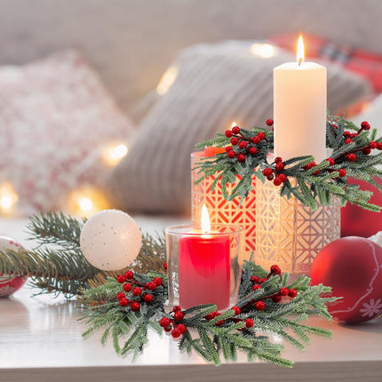 Giegxin 4 Pcs Christmas Candle Rings Wreaths Artificial Norfolk Pine Rings Wreaths Red Berry Pillar Garland Candle Ring Holder for Christmas Table Centerpieces Holiday Festival Decor
