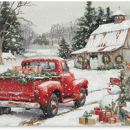 Framed Farmhouse Christmas Wall Decor - Red Truck Carrying s Old White Barn with Festival Ornaments Snowman Welcome Guests Snowy Winter Scene for Holiday Living Room Home Decorations 16"x24"