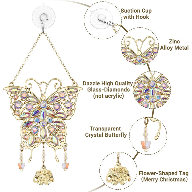 Christmas Butterfly Ornaments Decor Hanging Rhinestones Metal Suncatcher Ornament for Christmas Tree Window Home Decoration, Glittering Butterfly s for Women, Mom-Gold