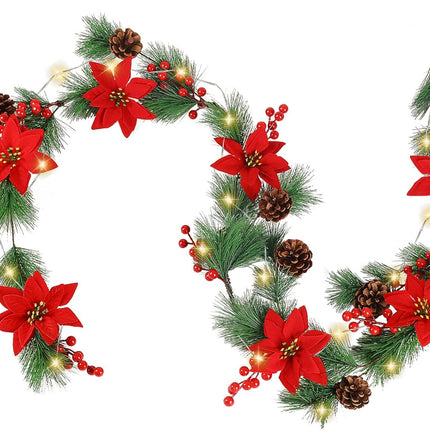 Christmas Garland 6.8FT Real Touch Norfolk Pine Garland Poinsettia Christmas Mantle Garland with 30 Lights Red Berry Cones for Fireplace Party Holiday Door Table Staires Railing Decor