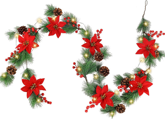 Christmas Garland 6.8FT Real Touch Norfolk Pine Garland Poinsettia Christmas Mantle Garland with 30 Lights Red Berry Cones for Fireplace Party Holiday Door Table Staires Railing Decor