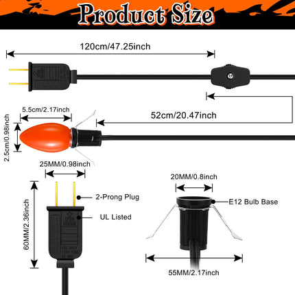 Enhon 2 Pack Accessory Cord with LED Light Bulb, Blow Mold Light with C7 Light, Village Lights Cord with On/Off Switch for Halloween, Christmas Village House, Salt Lamp, Craft Project, Orange