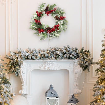 19 inch Artificial Christmas Wreath for Front Door Winter Holiday Wreath with Flocked Lambs Ear, Red Berry Clusters, Pine Needle Branches, Pinecones for Indoor Outdoor Home Wall Window Xmas Decor