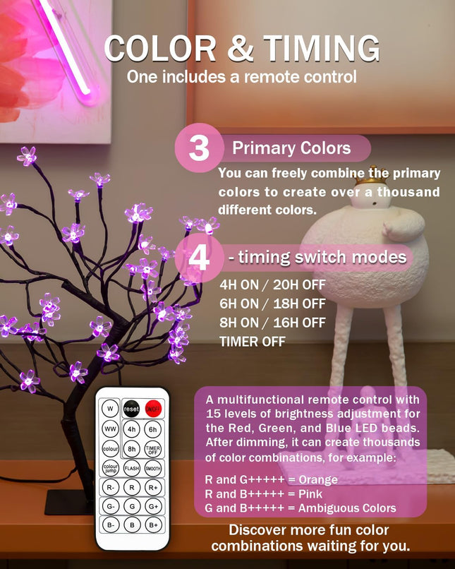 20 Inch Cherry Blossom Bonsai Tree, Full-Color DIY Dimming and Mixing, with 24V UL-Listed Adapter and Metal Base, Ideal as Night Lights, RGB Color Changing Lights