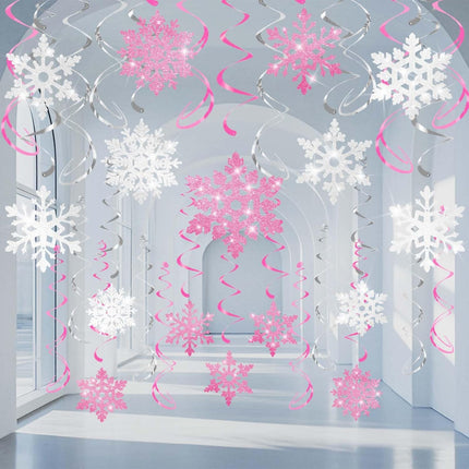 32 Pcs Pink Silver Glitter Snowflake Hanging Swirls Decoration Christmas Ceiling Decorative Streamers Snowflake Ornaments Garland Winter Holiday Wonderland Frozen Party Supplies