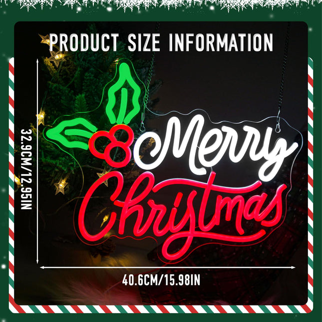 Merry Christmas Neon Signs，Dimmable Christmas LED Light Sign XMAS Holly Berries Neon Light For Holiday Party Home Bar Festival Wall Decor USB Powered