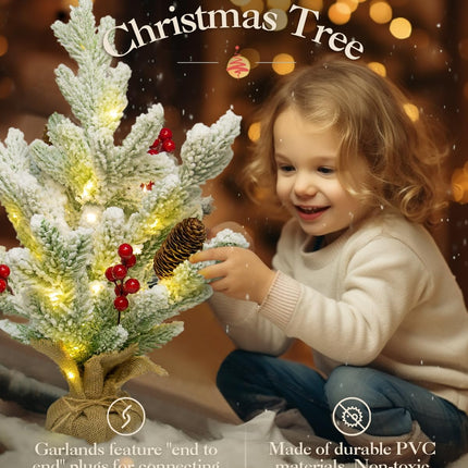 2 Pack Mini Table Christmas Trees - Battery Operated Flocked Holiday Décor for Indoor Rooms Decoration w/Red Berries, Pine Cones, 18inch