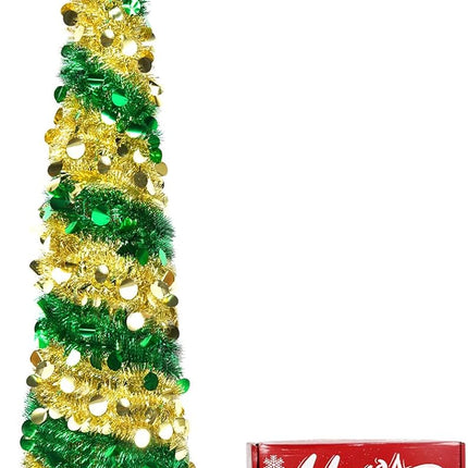 6FT Pop up Christmas Tree Collapsible Gold Green Tinsel Christmas Tree Slim Sequins Xmas Tree with Topper Star, Artificial Reusable Christmas Tree for Holiday Indoor Home Party Decor