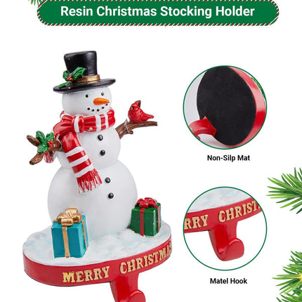 Minetom Christmas Stocking Holders for Mantle Set of 4, 3D Resin Tree Reindeer Snowman and Santa Claus Stocking Hangers, Home Xmas Decorations for Fireplace Mantel Table Garland
