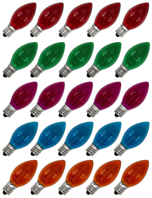 25 Pack C7 LED Transparent Multicolor Replacement Light Bulbs for Christmas Light Strings, 0.7W LED Vintage Light Bulbs for C7 Outdoor String Lights, Candle Lamps, Night Lights, E12 Candelabra Base