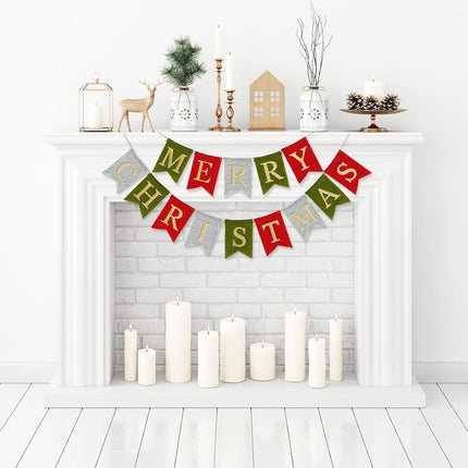 AnyDesign Christmas Banner Glitter Merry Christmas Felt Banner Pre-Assembled Holiday Bunting Garland for Christmas Party Supplies Home Office Farmhouse Front Door Fireplace Mantel Wall Decorations