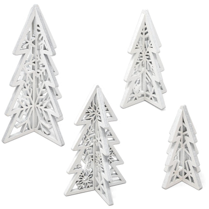 8 Piece Christmas Trees Wooden Table Decorations Centerpiece Holiday Wood White 3D Hallow Carving Tree Tiered Tray Tabletop Sign Decor 4 Sizes for Office Dining Mantle Home Winter Xmas Party Supplies