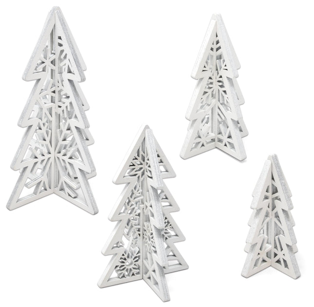 8 Piece Christmas Trees Wooden Table Decorations Centerpiece Holiday Wood White 3D Hallow Carving Tree Tiered Tray Tabletop Sign Decor 4 Sizes for Office Dining Mantle Home Winter Xmas Party Supplies