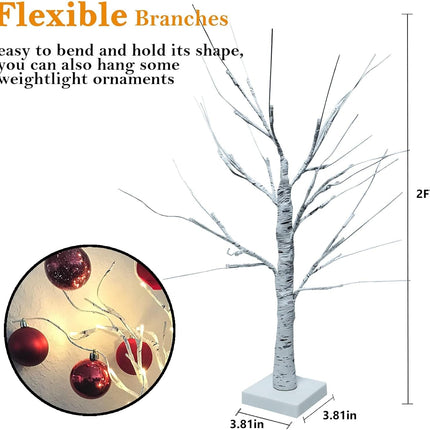 BHCLIGHT Lighted Birch Tree, 2FT 24 LED Battery Operated with Timer Tabletop Fairy Tree Lights, White Artificial Branch for Christmas Decorations,Valentine's Day, Wedding (1 Pack Birch Trees)