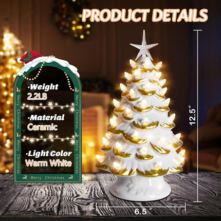 Ceramic Christmas Tree, Christmas Tree with LED Lights, Christmas Tree Light Up Tabletop Decor for Xmas Decoration Indoor Home Party Supplies,13 Inch